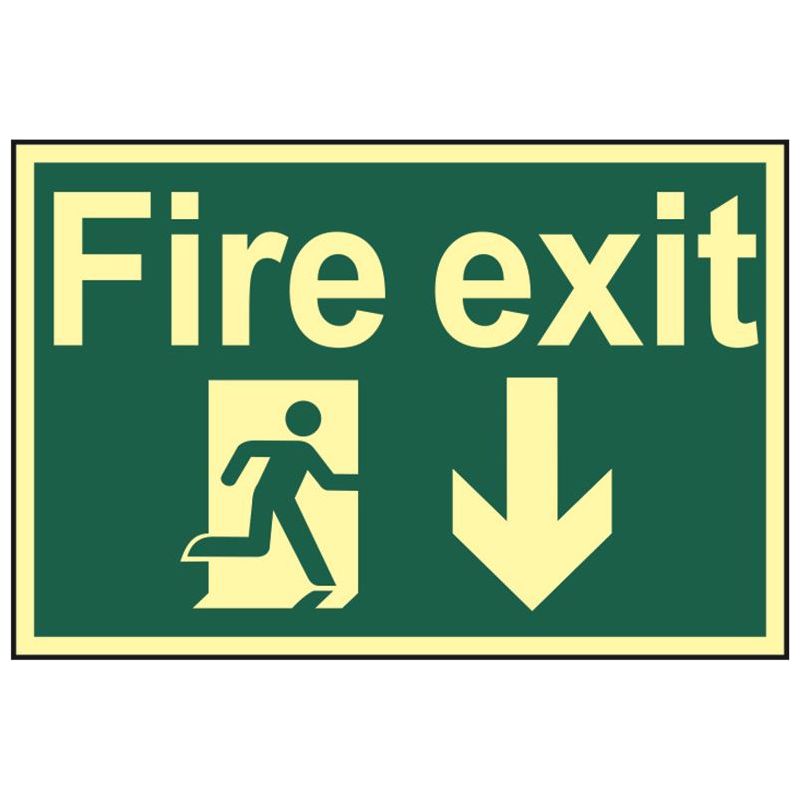 Scan Fire Exit Running Man Arrow Down - Photoluminescent 300 x 200mm Scan - RockBottom Nothampton