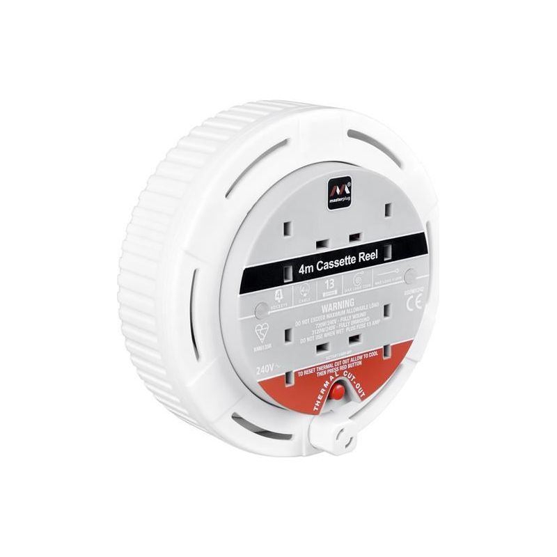 Masterplug Cassette Cable Reel 240V 13A 4-Socket Thermal Cut-Out White 4m Masterplug - RockBottom Northampton