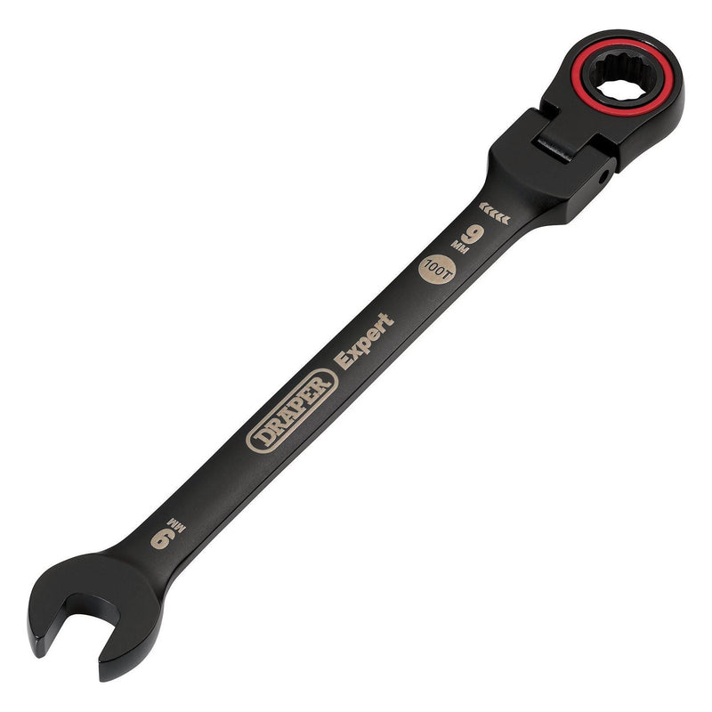 Draper Expert HI-TORQ Metric Flexible Head Ratchet Combination Spanner, 9mm, Black Draper - Town Tools