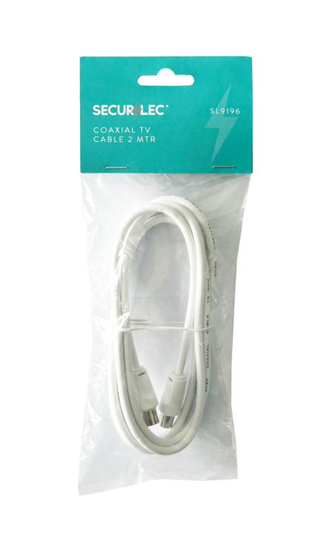 Securlec 2m TV Fly Lead Coax Plug to Coax Plug, White Skin Packed