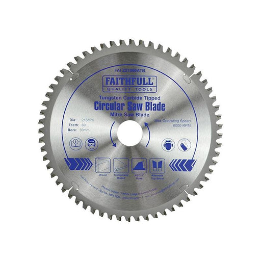 Faithfull TCT Cross Cut Mitre Saw Blade 216 x 30mm x 60T NEG Faithfull - RockBottom Northampton