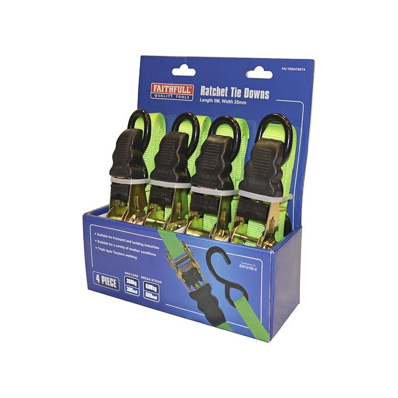 Faithfull Ratchet Tie-Downs 5m x 25mm Green 4 Piece Faithfull - RockBottom Northampton