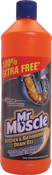 Mr Muscle Kitchen & Bathroom Drain Gel 500ml PLUS 100% Extra Free