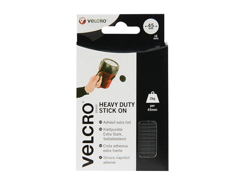 VELCRO® Brand Heavy-Duty Stick On Coin 45mm x 6 Sets Black 60248