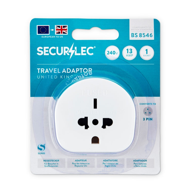 Securlec Travel Adaptor for Visitors to the UK Bubble Packed