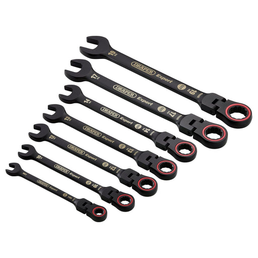 Draper Expert HI-TORQ Metric Flexible Head Ratchet Combination Spanner Set, Black (7 Piece) Draper - Town Tools