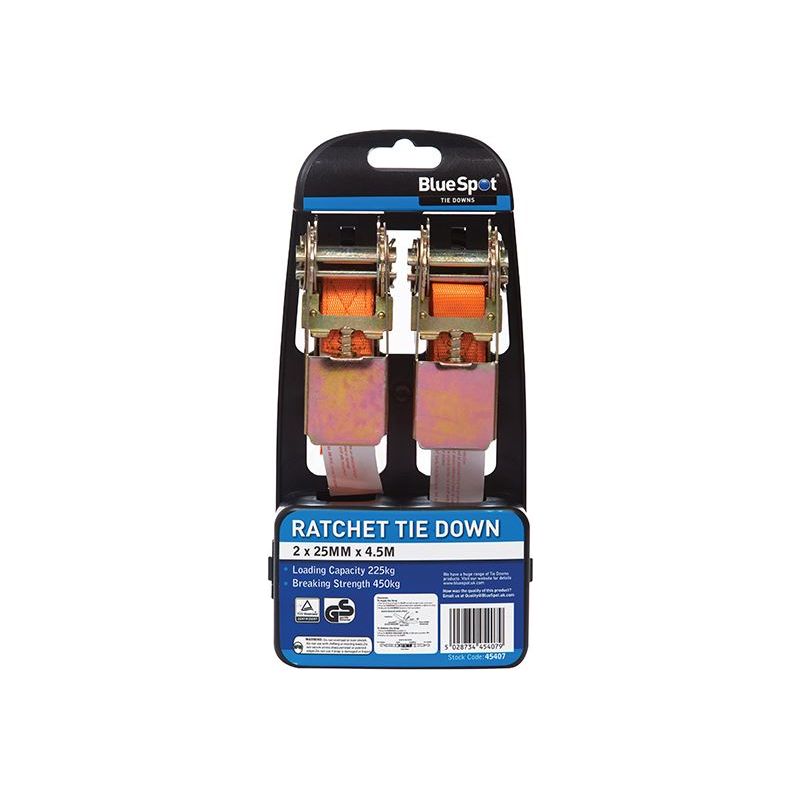 Bluespot Tools Ratchet Tie-Down Set 25mm x 4.5m BlueSpot Tools - RockBottom Northampton