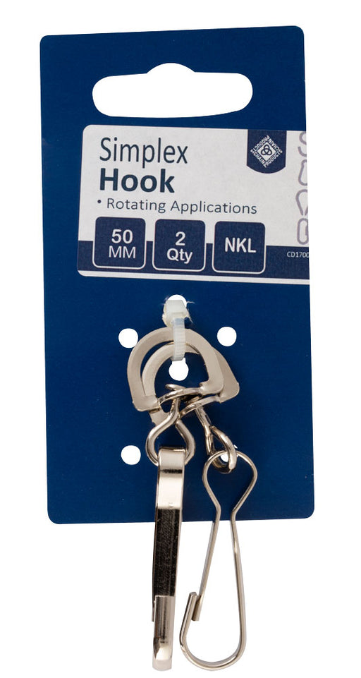 Simplex Hook With Swivel 50mm - Nickel Plated - Card of 2