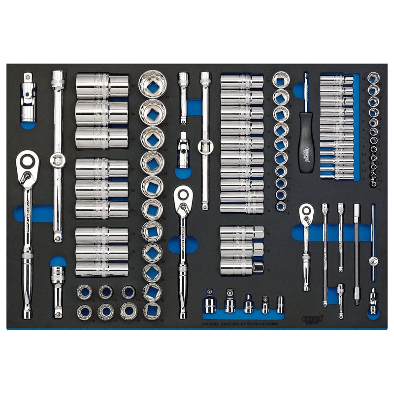 Draper Socket Set in Full Plus Drawer EVA Insert Tray, 1/4", 3/8" & 1/2" (96 Pie Draper - Town Tools 