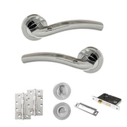 Eco Crest Door Handle Pack (Bathroom Set - 2.5" CE Bathroom Lock, 4" Slim Knuckle Hinges x2) - Satin Chrome/Polished Chrome