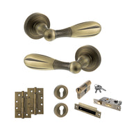 Old English Cambridge Door Handle Pack (Euro Lock Set - 3" CE Sashlock, 4" Slim Knuckle Hinges x2) - Matt Antique Brass