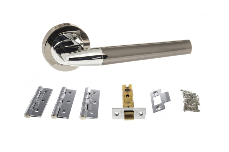 STATUS Tennessee Door Handle Pack (Latch Set - 3" CE Latch, 3" Fire Rated Hinges x3) - Black Nickel/Polished Chrome