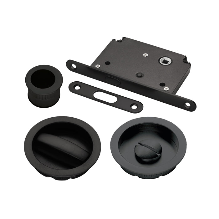 Sliding Door Roses With Wc Turn C/W Flush Pull & Lock Nero (Matt Black) - Matt Black