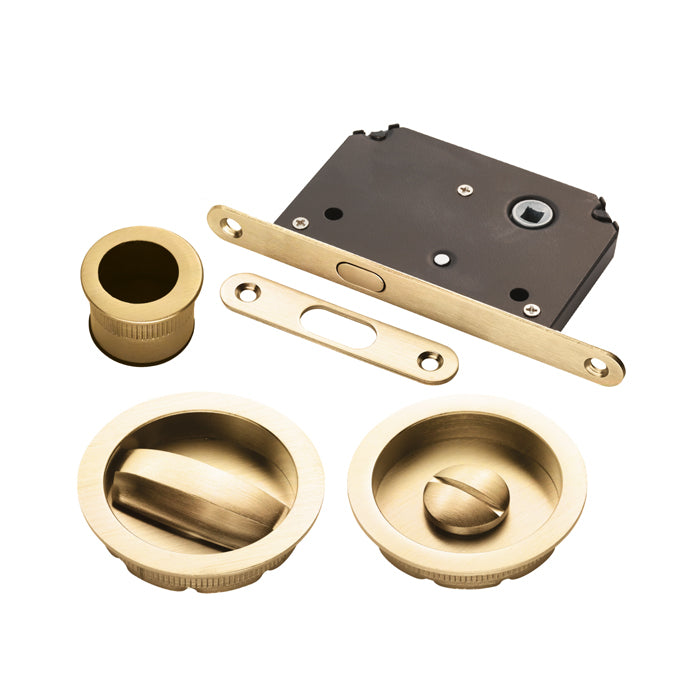 Sliding Door Roses With Wc Turn C/W Flush Pull & Lock Osa (Satin Brass) - Satin Brass