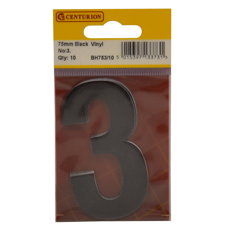 75mm Black Helvetica Bold Condensed Style Vinyl Number 3 (Pack of 10)