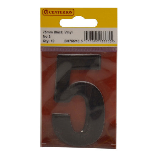 75mm Black Helvetica Bold Condensed Style Vinyl Number 5 (Pack of 10)