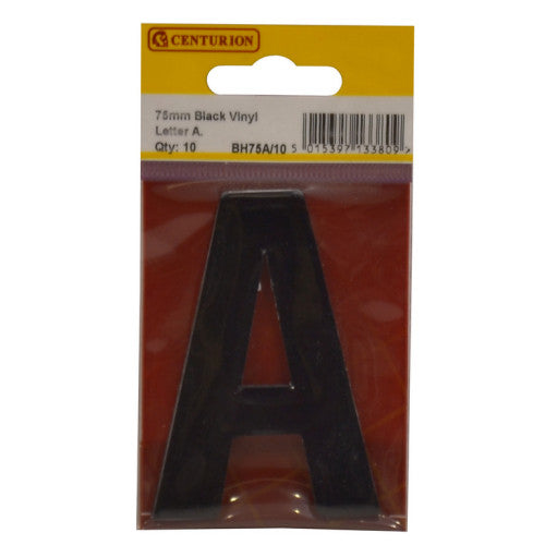 75mm Black Helvetica Bold Condensed Style Vinyl Letter A (Pack of 10)