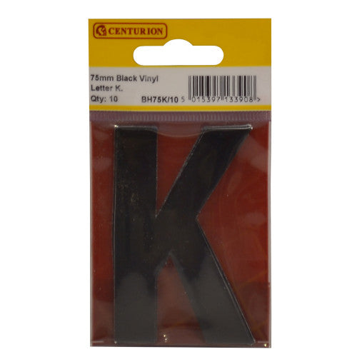 75mm Black Helvetica Bold Condensed Style Vinyl Letter K (Pack of 10)