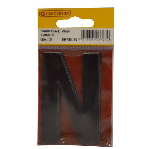 75mm Black Helvetica Bold Condensed Style Vinyl Letter N (Pack of 10)