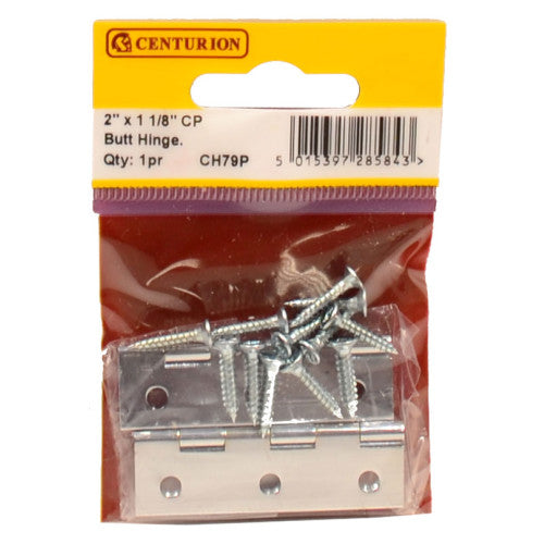 Solid Drawn Brass Butt Hinges, Chrome Plated, 51mm x 29mm
