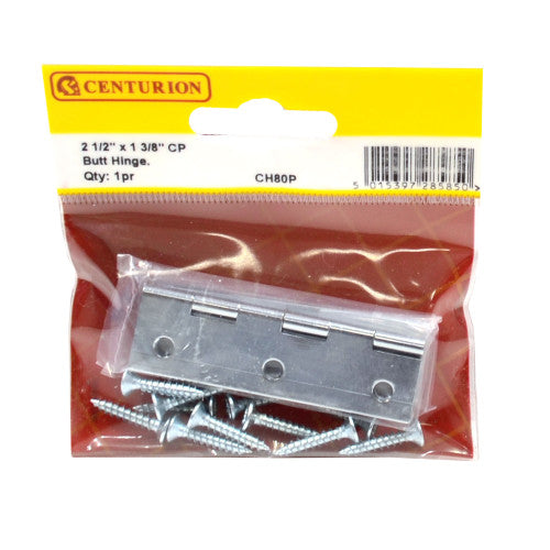 Solid Drawn Brass Butt Hinges, Chrome Plated, 64mm x 35mm