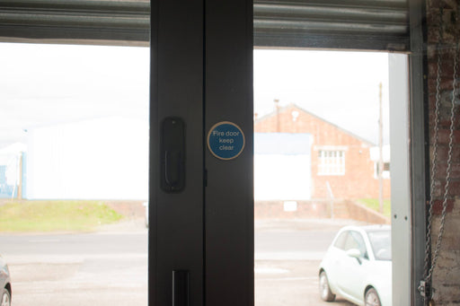 Atlantic Automatic Fire Door Keep Clear Disc Sign 75mm 3M Adhesive - Satin Stainless Steel