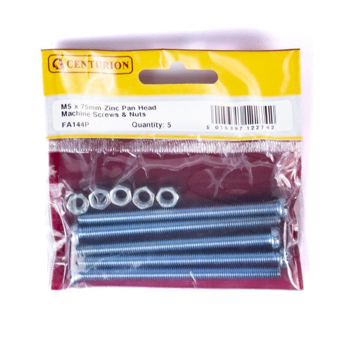 M5 x 75mm Machine Screws & Nuts - Zinc Plated - (Pack of 5)