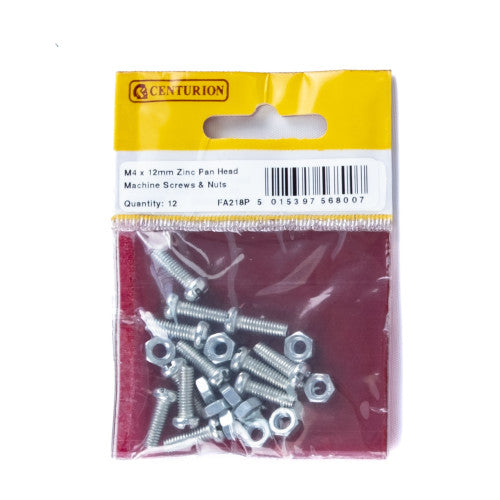 M4 x 12mm Machine Screws & Nuts - Zinc Plated - (Pack of 12)