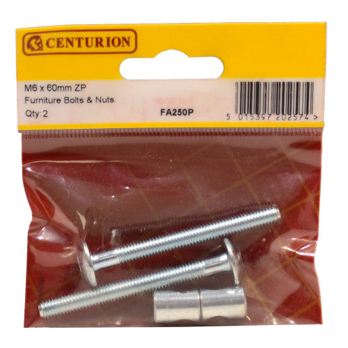 M6 x 60mm ZP Furniture Bolts & Nuts  (Pack of 2)