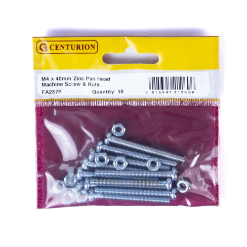 M4 x 40mm Machine Screws & Nuts - Zinc Plated - (Pack of 10)
