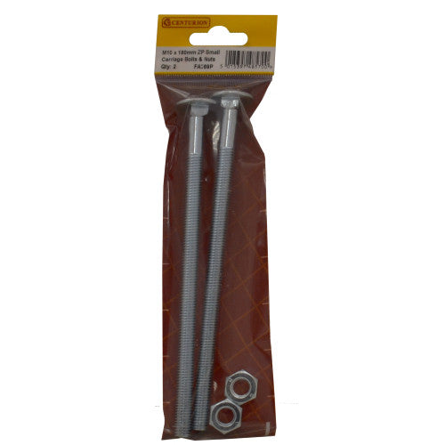 M10 x 180mm ZP Small Carriage Bolts & Nuts (Pack of 2)
