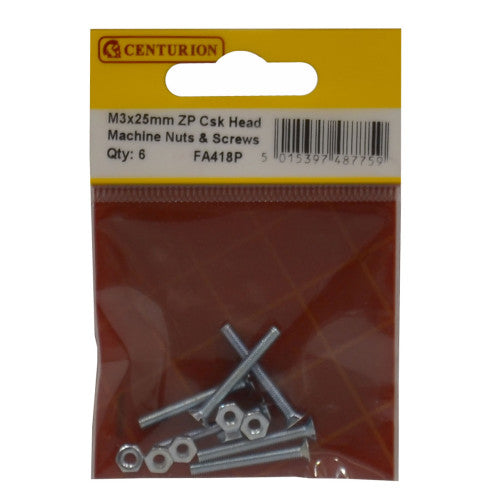 M3 x 25mm Machine Screws & Nuts - Countersunk Head - Zinc Plated - (Pack of 22)