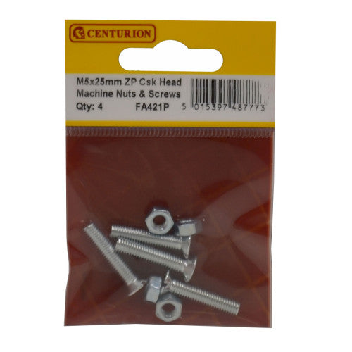 M5 x 25mm Machine Screws & Nuts - Countersunk Head - Zinc Plated - (Pack of 12)