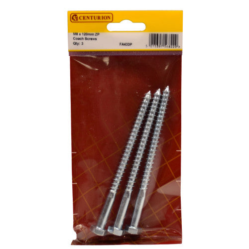 M8 x 120mm ZP Coach Screws (Pack of 3)