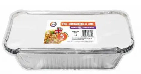 5 pk Foil Containers With Lids 200x 110 x 50mm