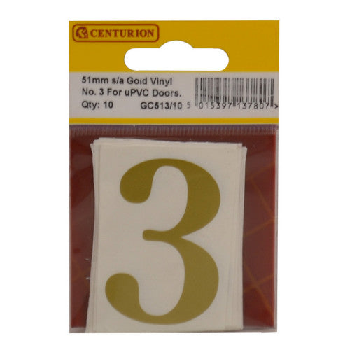 51mm Gold Traditional Oldstyle Font Vinyl Number 3 (Pack of 10)