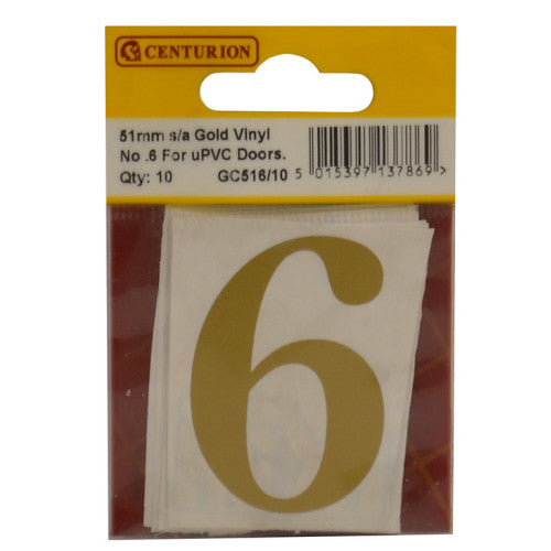 51mm Gold Traditional Oldstyle Font Vinyl Number 6 (Pack of 10)