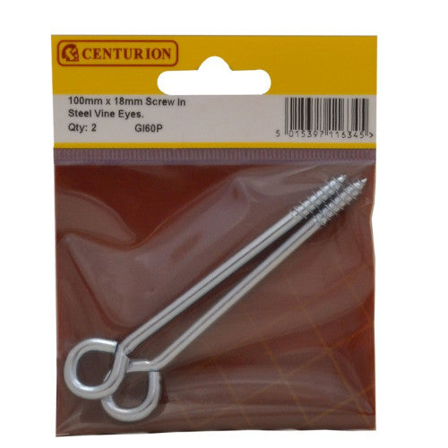Screw In Steel Vine Eyes  - Zinc Plated - 100mm x 18mm - (Pack of 2)