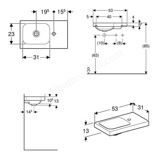 Geberit iCon light handrinse basin 530mm RH tap hole & shelf space - Satin - Main Image