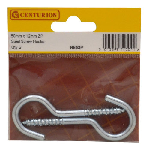 Steel Screw Hooks - Zinc Plated - 80mm x 5mm - (Pack of 2)