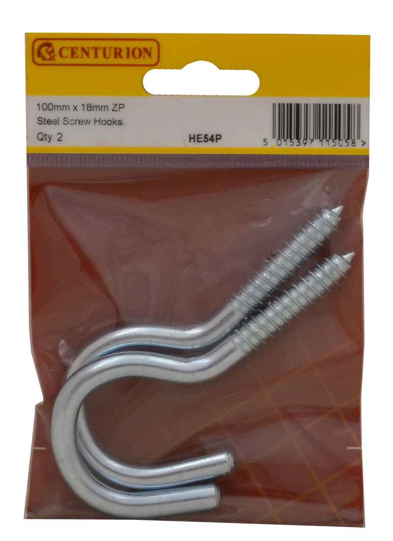 Steel Screw Hooks - Zinc Plated - 100mm x 7.3mm - (Pack of 2)