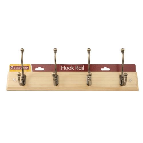 4 Ball End Traditional Hook Rail - Antique Brass Hooks - Pine Board