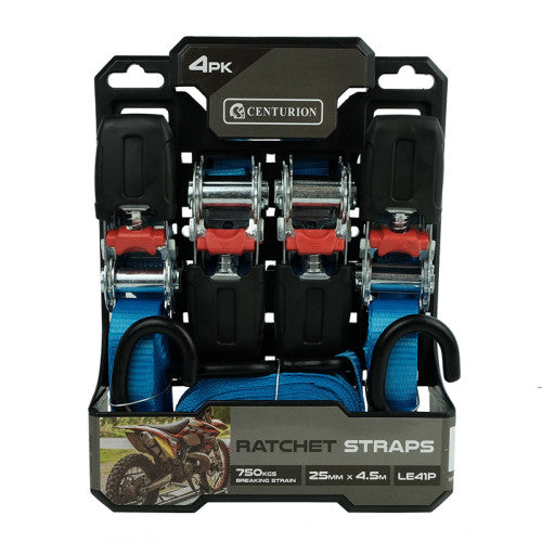 Ratchet Tie Down (Pack of 4) - 750kg Breaking Strength - 4.5m Length - 25mm Width