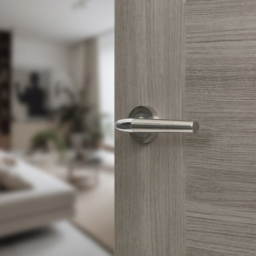 Mediterranean Toulon Lever Door Handle on Round Rose - Satin Nickel/Polished Chrome
