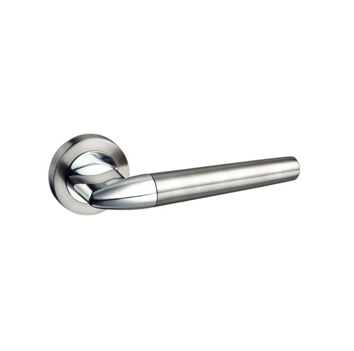 Mediterranean Toulon Lever Door Handle on Round Rose - Satin Nickel/Polished Chrome