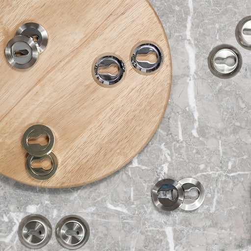 Mediterranean Euro Escutcheons on Round Rose - Satin Nickel/Polished Nickel