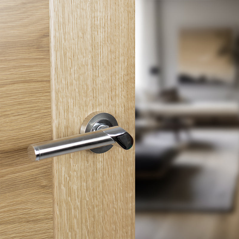 Mediterranean Tunis Lever Door Handle on Round Rose - Satin Nickel/Polished Chrome