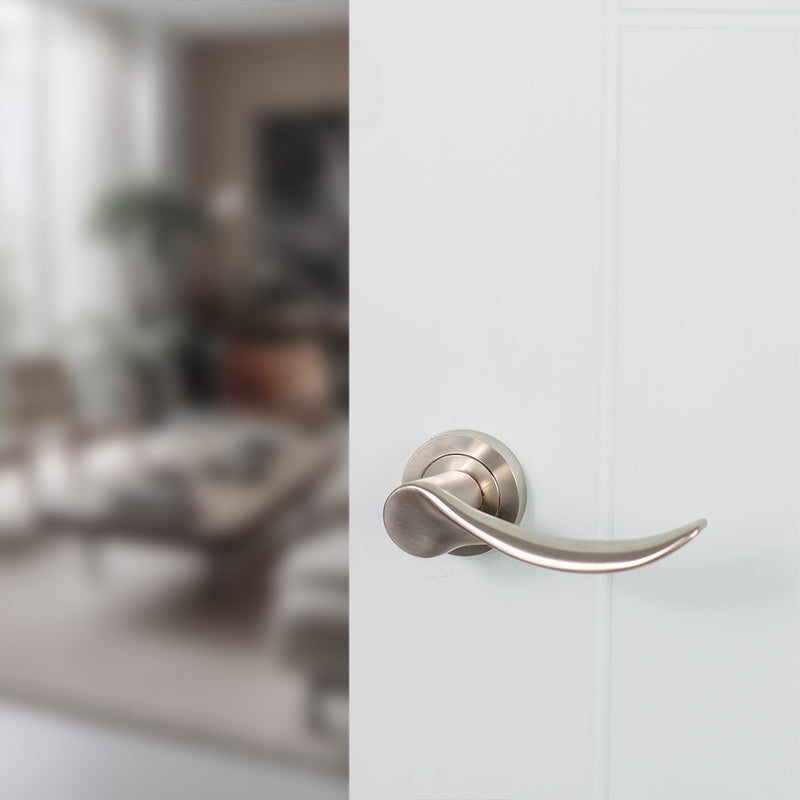 Mediterranean Malaga Lever Door Handle on Round Rose - Satin Nickel