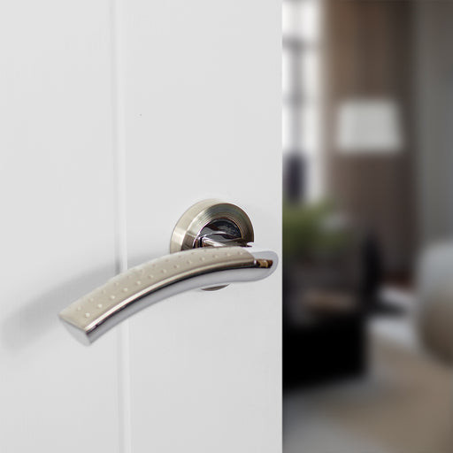 Mediterranean Monaco Lever Door Handle on Round Rose - Satin Nickel/Polished Chrome