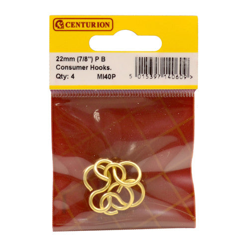 Solid Brass Consumer Hooks, Polished Brass, 22mm x 2mm